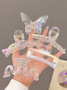 5pcs/1set Women Y2K Stylish Cute White Laser Holographic Mermaid, Butterfly, Square, Twist Shape Large Plastic Hair Clips, Elegant Chic Simple Minimalist Hair Accessories For Casual, Party, Commuting, Vacation, Tied Hair, Facial Wash, Makeup, Outfit Matching Hair Claws Claw Clips Hair Jaw Clip Hair Clamps Hair Clutch Hair Catcher Clip, School Stuff, College