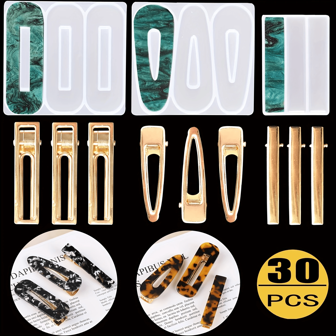 Set di 33 stampi in silicone per accessori per capelli, stampi per la realizzazione fai-da-te di fermagli e ciondoli per capelli, inclusi 30 stampi a forma di goccia d'acqua, rettangolari e a forma di coccodrillo sottile