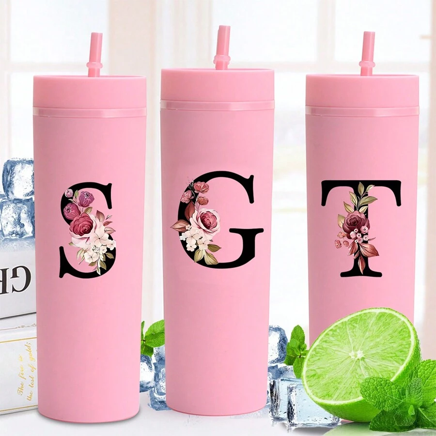 1入組A-Z字母圖案16oz純色塑料水瓶，適用於夏季/冬季飲料，扁底牛奶/咖啡杯，旅行配件，母親節禮物，伴娘/新娘禮物 - 粉色 - 查看 1
