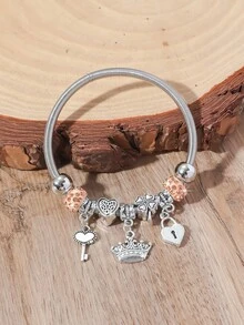 One New Exquisite Fashionable DIY Bracelet With Crown, Key And Heart Shaped Pendants. Adjustable Chain For Women. - Silver - View 6