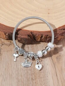 One New Exquisite Fashionable DIY Bracelet With Crown, Key And Heart Shaped Pendants. Adjustable Chain For Women. - Silver - View 4