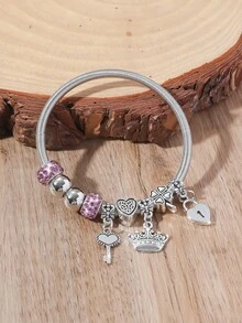 One New Exquisite Fashionable DIY Bracelet With Crown, Key And Heart Shaped Pendants. Adjustable Chain For Women. - Silver - View 2