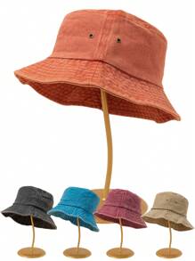 1入女款純色洗水桶帽，可摺疊的受損漁夫帽，可用於室外防曬，中性款式，適合日常使用