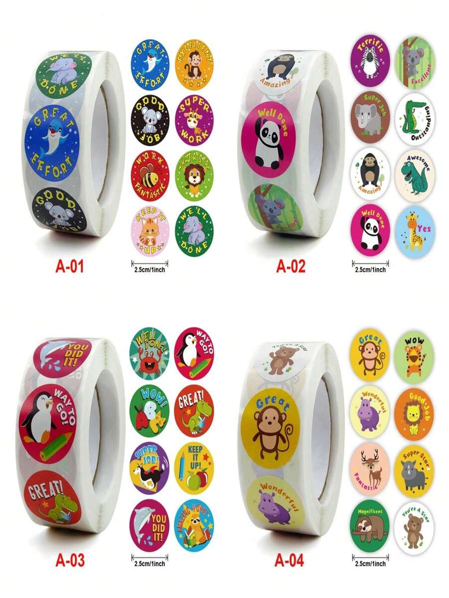 500張/卷啟發小學生靈感的貼紙，可愛的動物貼紙，兒童獎勵貼紙 - 彩色 - 查看 1