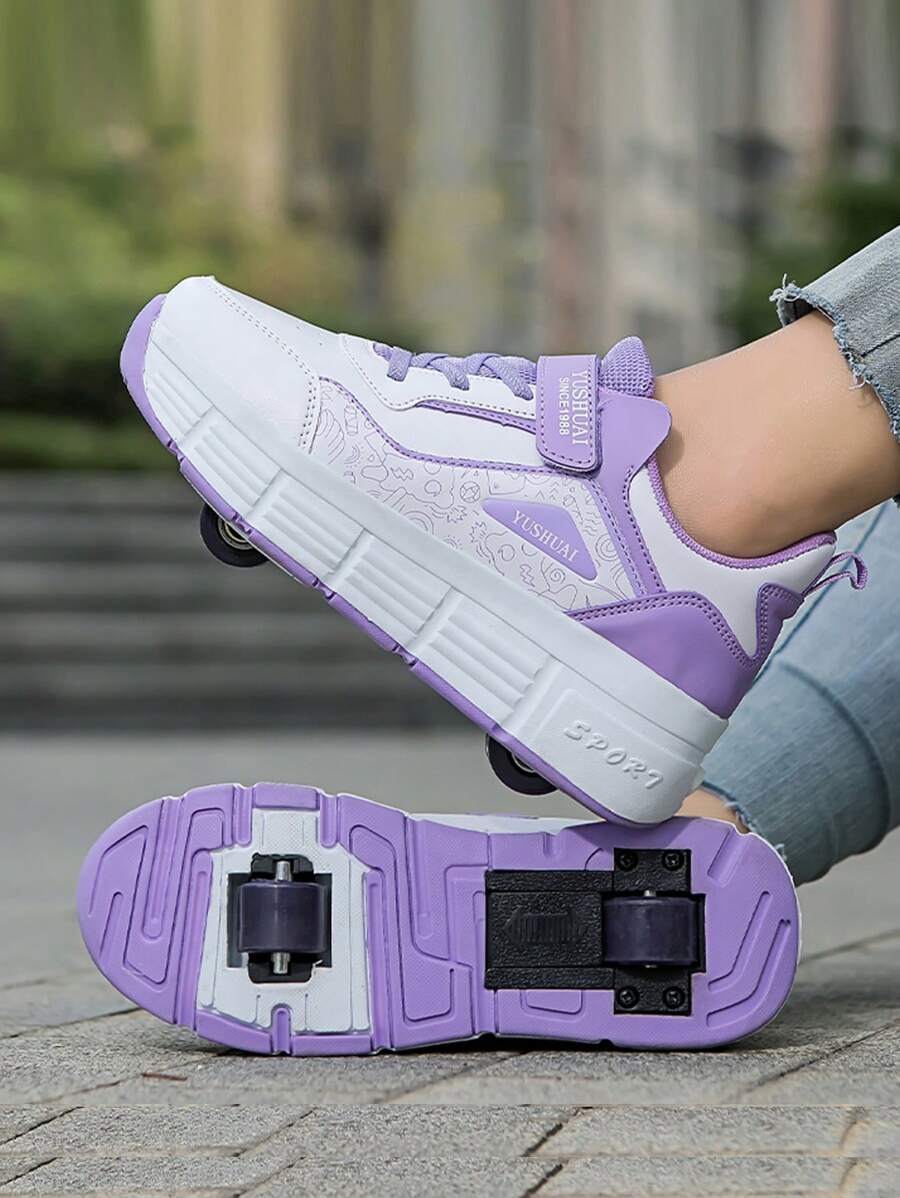 Student Double Wheel Rear Button Retractable Roller Skate Shoes, Female