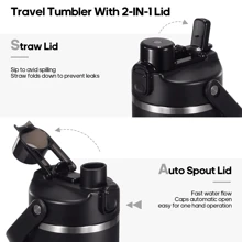 32 Oz Stainless Steel Tumbler With Handle And Straw, Vacuum Insulated Water Bottle With 2-In-1 Lid (Chug Lid/Straw Lid) And Silicone Boot, Cupholder Friendly Gifts For Women And Men - 黑色 - 查看 2