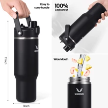 32 Oz Stainless Steel Tumbler With Handle And Straw, Vacuum Insulated Water Bottle With 2-In-1 Lid (Chug Lid/Straw Lid) And Silicone Boot, Cupholder Friendly Gifts For Women And Men - 黑色 - 查看 5