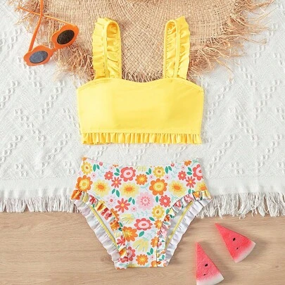 2024 New Tween Girl Summer Floral Print Ruffled Trim Bikini Two-Piece Bikini Set Summer Beach
