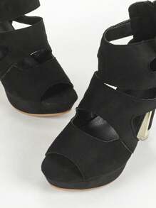 Botines de mujer con plataforma y tacón grueso, con abertura y punta abierta en ante negro - Negro - Ver 7