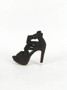 Botines de mujer con plataforma y tacón grueso, con abertura y punta abierta en ante negro - Negro - Ver 8