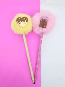 02 Lapis Pompom lápis de escrever duas peças aplique chocolate papelaria material escolar menina presente - Multicolorido - Visão 1