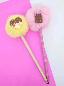 02 Lapis Pompom lápis de escrever duas peças aplique chocolate papelaria material escolar menina presente - Multicolorido - Visão 3