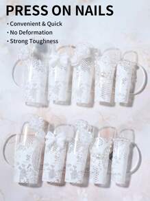24片/套 长方形白色蕾丝图案美甲贴纸，3D立体花朵、蝴蝶结和珍珠装饰，亚克力材质，包含1瓶甲油胶和1把指甲锉，适合作为送给女性和女孩的美甲护理礼物 - 白色 - 查看 2