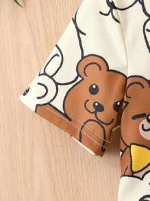 Ensemble de 2 pièces T-shirt à manches courtes et short imprimé ours dessin animé décontracté pour garçon, adapté pour l'été, les sports, le port quotidien, l'école et les voyages