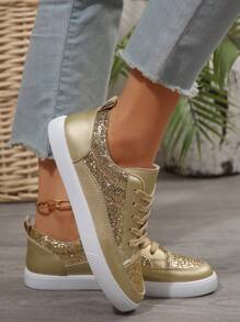 Women's Gold Shiny Sparkle Flat Shoes, Lightweight, Comfortable, Breathable, Fashionable Casual Sports Shoes