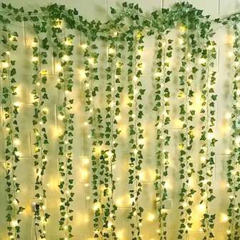 1Set Vine Hanging Garland String Light Artificial Lvy Plants Fake Vines Decorative Lights For Bedroom Wedding Party Garden Wall Room Home Decor(12 Packs Artificial Lvy Plants With 200 LED Curtain Light )Or 1pc 20LED Copper Wire Ivy Light,2 Style For Choose)