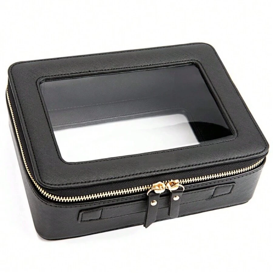 Chic Transparent Cosmetic Bag With Zipper And Handle, Portable Clear Travel Toiletry Bag Set, Suitable For Men And Women Makeup Bag Makeup Bags Makeup Organizer Make Up Organizer Makeup Storage Make Up Bag - Black - View 1