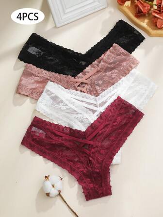 4 piezas/Juego Tanga sexy de mujer con calado y tirantes cruzados, ropa interior sexy tipo tanga lencería