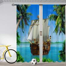 2PCS Palm Sailboat Nautical Pattern Printed Curtains, Living Room Games Room Bedroom Kitchen Multi-Scene Polyester Pole Pocket Decorative Curtains Home Decor Party Supplies - Blue - View 3