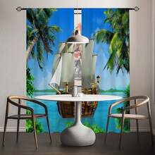 2PCS Palm Sailboat Nautical Pattern Printed Curtains, Living Room Games Room Bedroom Kitchen Multi-Scene Polyester Pole Pocket Decorative Curtains Home Decor Party Supplies - Blue - View 4