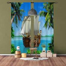 2PCS Palm Sailboat Nautical Pattern Printed Curtains, Living Room Games Room Bedroom Kitchen Multi-Scene Polyester Pole Pocket Decorative Curtains Home Decor Party Supplies - Blue - View 2