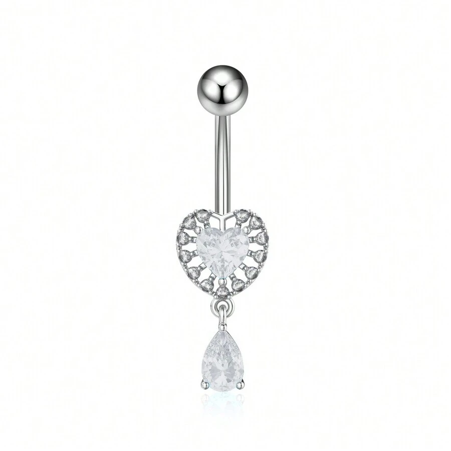 1 Chiếc Nhẫn Đeo Bụng Hình Trái Tim Bằng Thép Không Gỉ Thời Trang Với Đá Cubic Zirconia Thiết Kế Hình Giọt Nước Trang Sức Khuyên Thích Hợp Cho Phụ Nữ Đi Tiệc Và Mặc Hàng Ngày - Nhẫn rốn hình trái tim đính kim cương - Xem 1