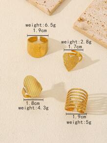 4pcs Stainless Steel Golden Fashion Exaggerated Women's Open Ring, Suitable For Women's Daily Matching Or Holiday Gifts