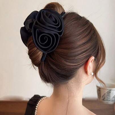 Boho 1pc Black Elegant Vintage Satin Double Rose Flower Claw Clip With High-End Elegant, Perfect For Daily Casual, Going Out And Party, Ideal Hair Accessory For Updo Hairstyle With Big Hair Claw, Versatile And Exquisite. Valentine's Day Hair Clips Hair Jaw Clip Hair Clamps Hair Clutch Hair Catcher Clip Fall Winter Hair Accessories For Women For Vacation Outfits Woman