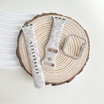 1 Set Rhinestone Watch Case + Watch Band Compatible With Apple Watch - Starry Sky Colored Embossed Flower Watch Band And Starry Sky Colored Hollow Shiny Rhinestone Watch Case, Cute And Casual Style For Women