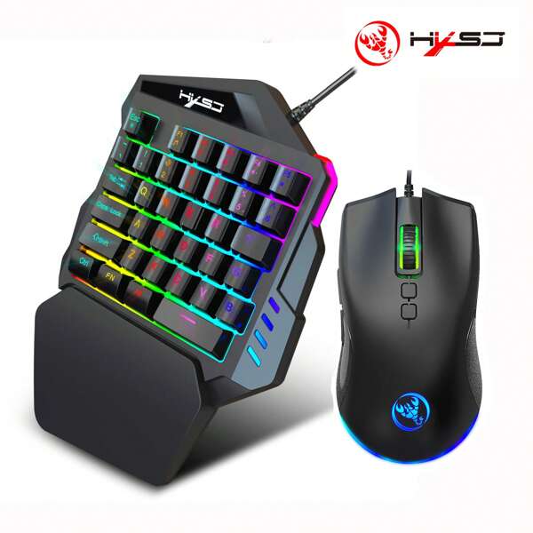 HXSJ Keyboard And Mouse Pack 35-Key Membrane One-Hand Keyboard Plus 7-Key Game Mouse Color Lighting