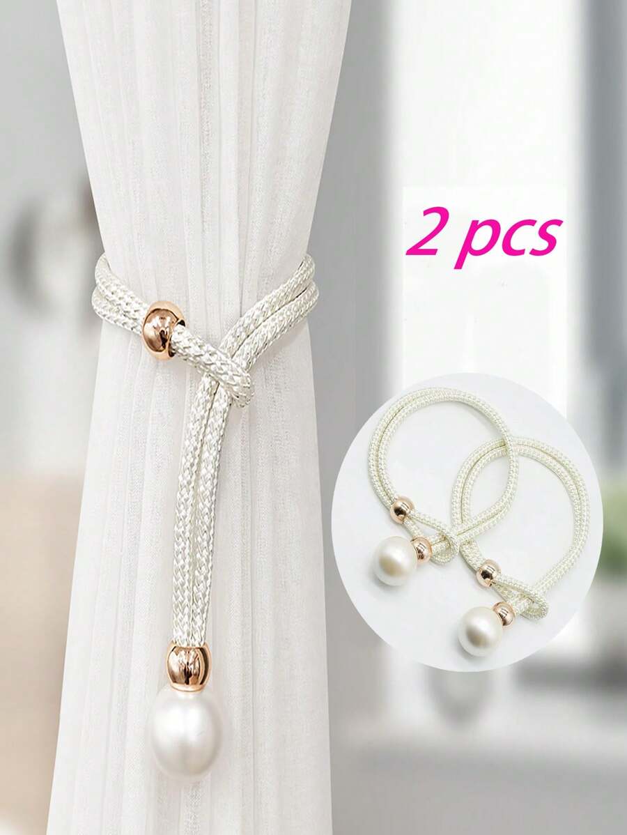 A Pair Of Pearl Decorative Curtain Tiebacks For Room Decor, Luxe And Minimalistic Style, Adjustable Curtain Clips With No Need For Drilling No-Drill