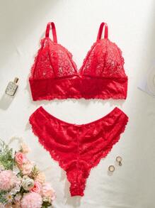 2 件套加大码女士优雅性感蕾丝文胸和内裤套装，红色蝴蝶结装饰，中等弹力，透气，可调节肩带，无衬垫，多功能内衣套装 - 紅色 - 查看 9