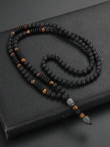 1入組復古黑色火山岩＆天然黃虎眼男士原石項鍊，適合日常佩戴 - 黑色 - 查看 2