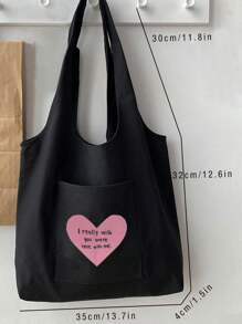 1pc Black Simple Heart & Letter Print Canvas Bag, Suitable For Students Daily Use,Preppy Book Bag For Book Week Valentines - Black - View 6