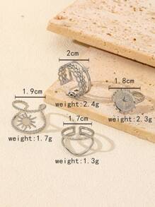 4pcs Stainless Steel Silver Crown, Sun, Shining Shield Logo Men And Women Open Hollow Ring Set, Suitable For Daily Matching And Gift Giving