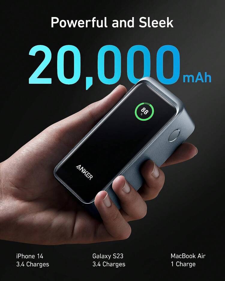 Anker Prime Power Bank, 20,000mAh Portable Charger With 200W Output, Smart Digital Display, 2 USB-C And 1 USB-A Port Compatible With IPhone 15/14/13 Series, MacBook, Dell, And More - màu đen đậm - Xem 3