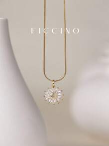FICCINO 经典优雅向日葵吊坠镀金方形锆石首饰钛钢镀金蛇链女士项链黄金首饰可爱向日葵项链日常搭配锁骨链适用于节日、周年纪念日、母亲节礼物带盒情人节 - 19n - 查看 5