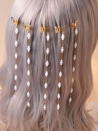5pcs/Set Mini Butterfly & Chain Hair Claw For Girls, Alloy