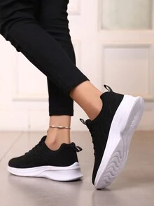 女性時尚透氣網布平底鞋，運動鞋，健身硫化鞋，針織跑步鞋，休閒行走鞋 - 黑色 - 查看 5