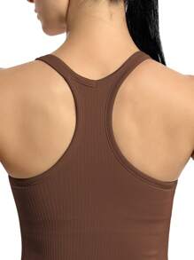 女式圆领纯色运动背心带胸垫 - 1 件 - 棕色 - 查看 3