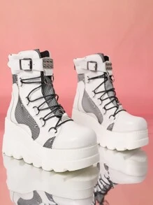 Women Street Round Toe Lace-Up Platform Ankle Boots, Punk Style  Combat Boots With Heels & Buckled Decorations,  Spring Summer Travel Shoes, St Patrick Day - 白色 - 查看 2