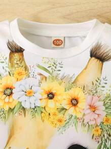 2pcs Young Girls' Casual Style 3D Deer Print Short Sleeve T-Shirt And Shorts Set For Summer