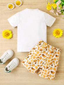 2pcs Young Girls' Casual Style 3D Deer Print Short Sleeve T-Shirt And Shorts Set For Summer