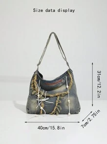 DareSee 西部复古风单肩包，褪色牛仔布斜挎包，大容量拉链轻便设计，牛仔女郎单肩包，西部风女士手提包，波西米亚风女士包，适合音乐节、Y2K 节、返校季、秋季、圣诞节、冬季等各种场合，也是圣诞礼物的理想之选。