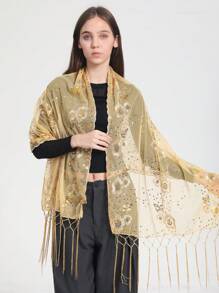 Boho 1pc Lace Floral Embroidery Shawl, Elegant & Heavy-Duty, Perfect For Prom, Sequin Scarf, Handmade Tassel Scarf, Simple & Stylish Party Dress Scarf Halloween