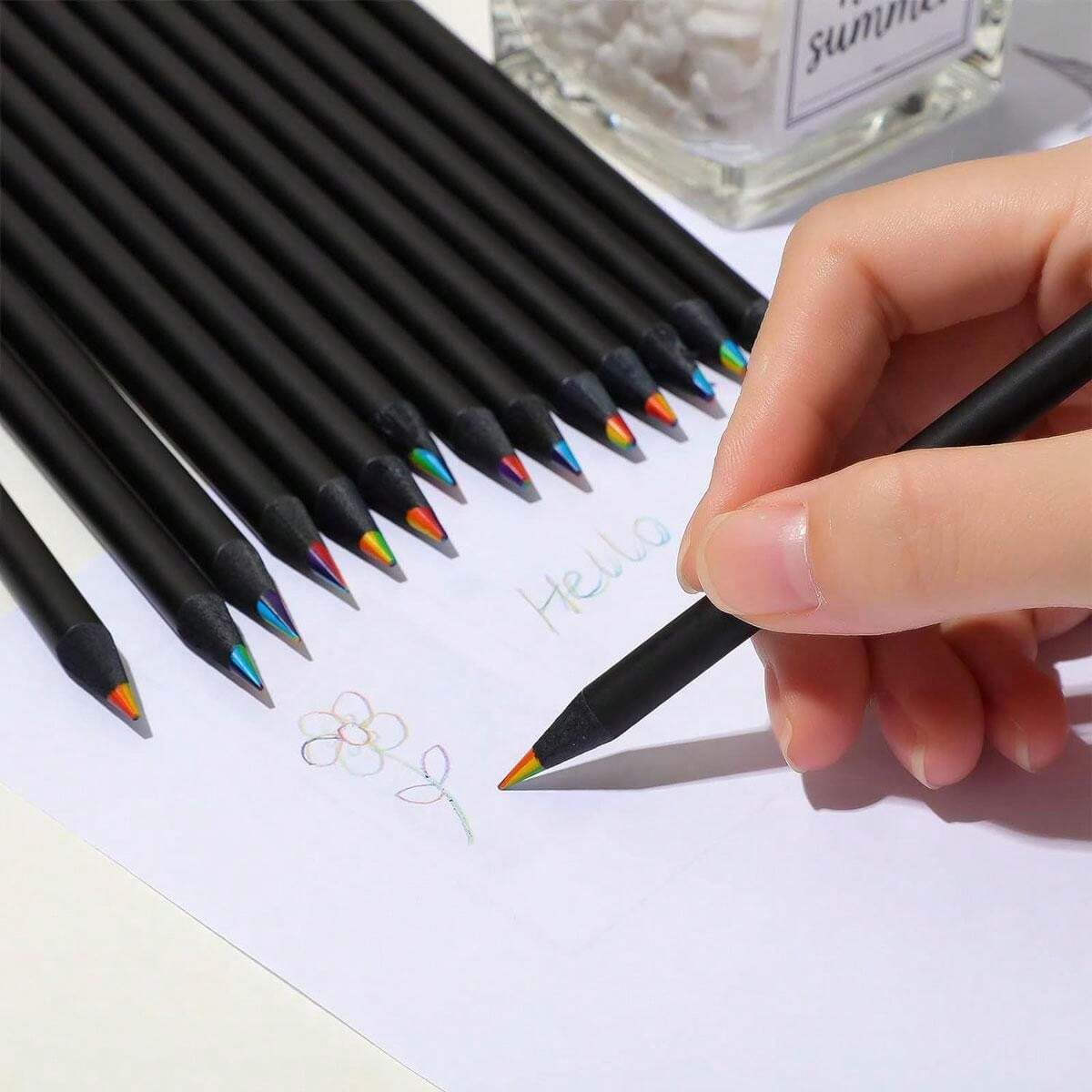 12pcs Gradual 7Color Rainbow Pencils, Multicolor Black Wooden Colored