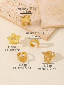 5件套不锈钢镀金花朵、蝴蝶、银杏叶、心形夸张时尚戒指套装，适合日常搭配或节日礼物 - 金黃色 - 查看 3