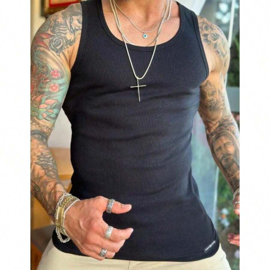 Men Tank Tops - 黑與白 - 查看 1