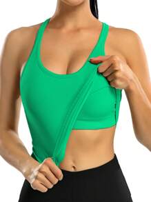 Women Round-Neck Solid Color Sports Tank Top With Built-In Bra (One-Piece)