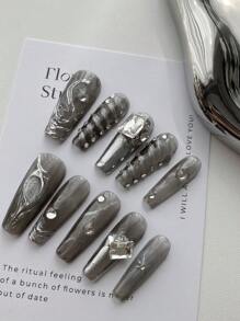 10 szt. Długie sztuczne paznokcie w stylu Millennium It Girl, czarne lustro z ciężkiego metalu i srebrny kryształ górski, ręcznie robione, zdejmowane i wielokrotnego użytku, odpowiednie do codziennej pracy biurowej, w zestawie 1 szt. kleju w żelu i 1 szt. pilnika do paznokci Materiały do paznokci